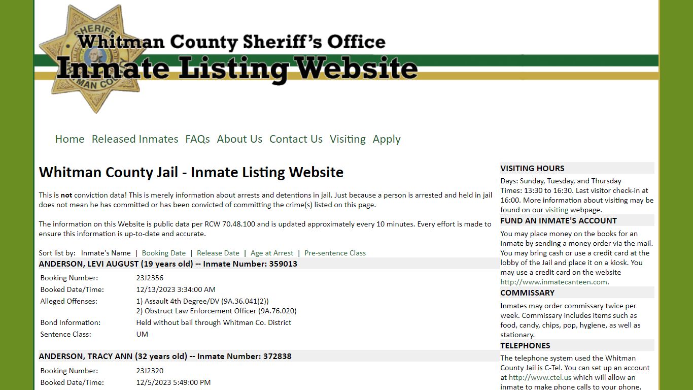 Whitman County Jail - Inmate Listing Website